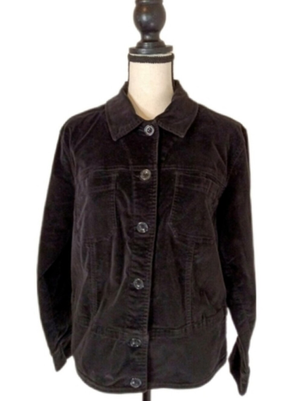 Vintage 90s Fashion Bug Black Cotton Velvet Button Down Long Sleeve Jacket S